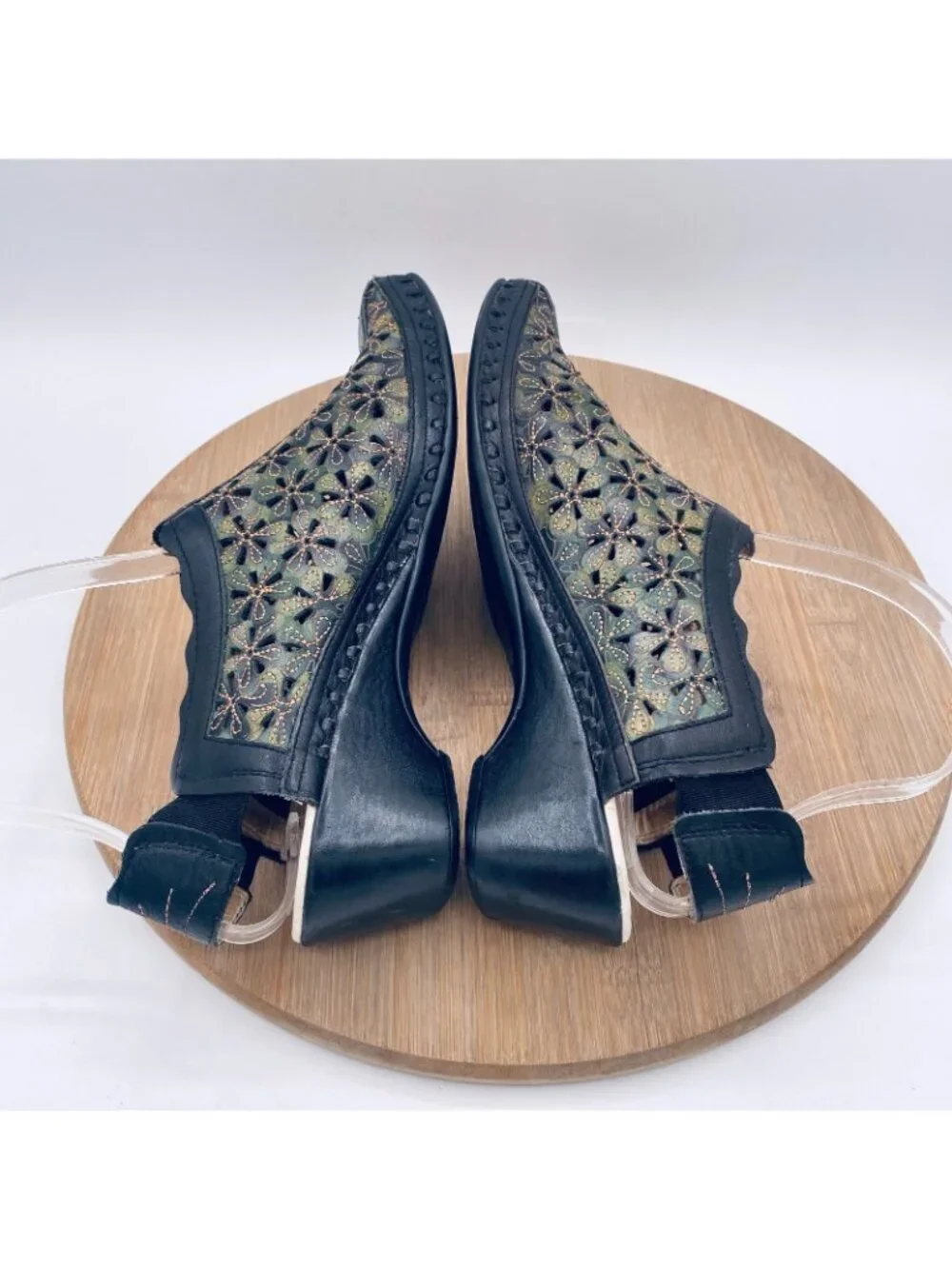 Pikolinos Shoes Womens 7.5 38 Black Green Leather Perforated Slingback Bootie